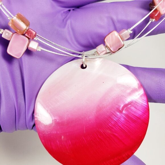 Seashell Pink Beaded Necklace with Pendant: Silver Tone Layered Illusion - Picture 6 of 6